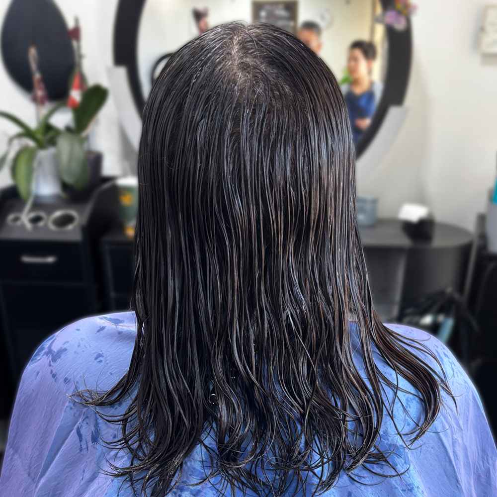 Modern layered haircut before transformation